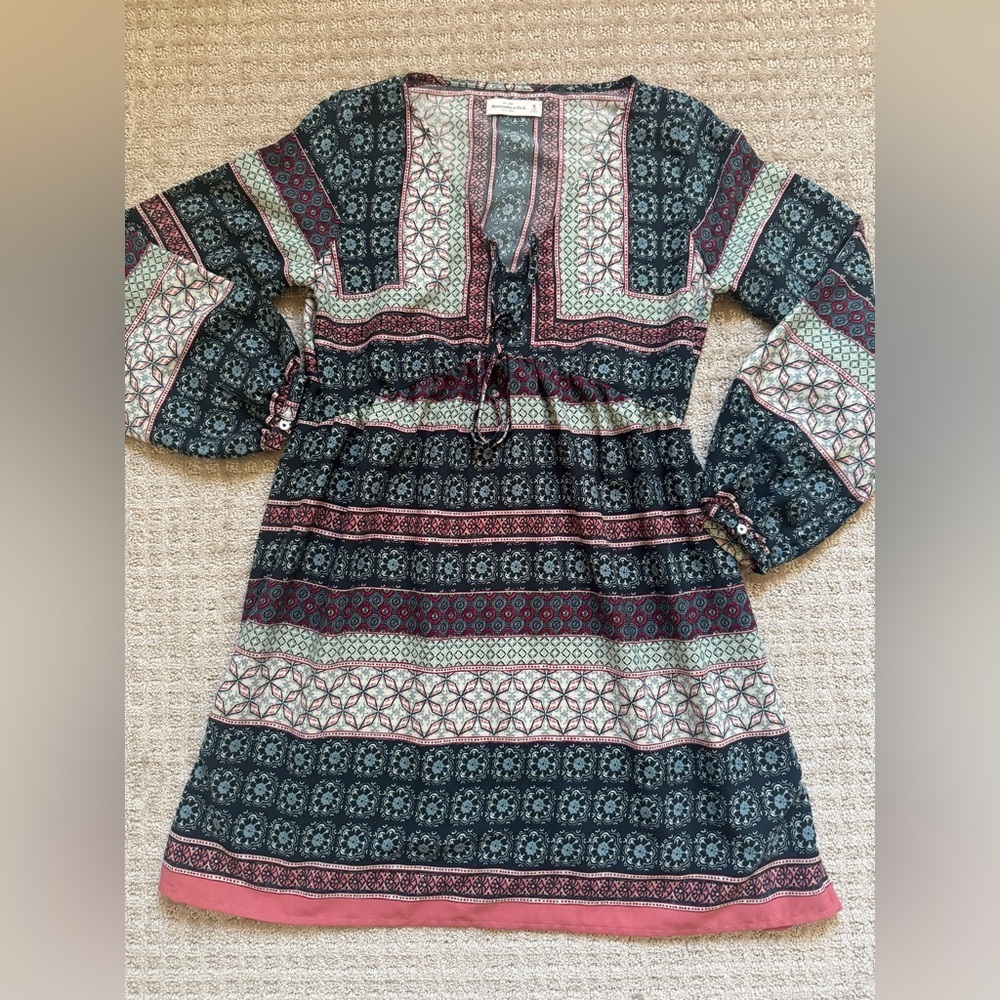 Abercrombie & Fitch long balloon sleeve peasant dress bohemian print V-neck